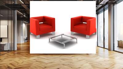 two red armchairs with table isolated on white background Wall mural