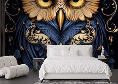 A blue and gold owl on a black background. Generative AI. Wall mural