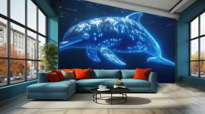 A dolphin swimming in the ocean at night. Artificial glowing object, concept for a software visualization. Wall mural