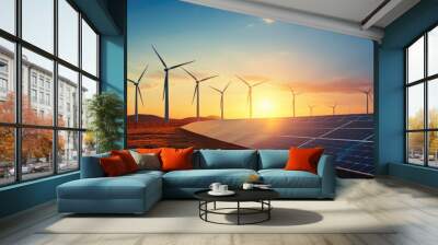 A field of solar panels with wind turbines in the background. Wall mural