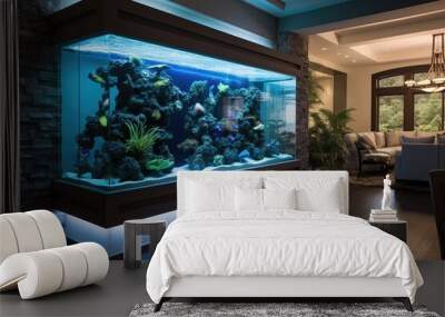 A fish tank in the middle of a living room. Wall mural