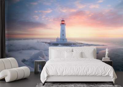 A lighthouse on a snowy shore with a sunset in the background. Generative AI. Wall mural