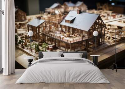 A model of a house on a table. Wall mural