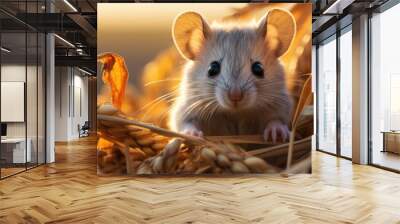 A mouse sitting in a field of wheat. Rodent pest control concept picture. Wall mural