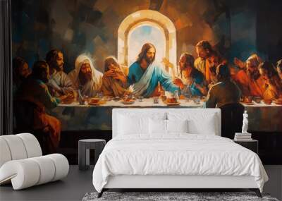 A painting of the last supper of jesus. Generative AI. Wall mural