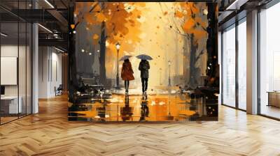 A painting of two people walking in the rain with umbrellas. AI image. Wall mural