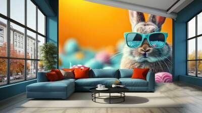 A rabbit wearing sunglasses sitting among easter eggs. Wall mural