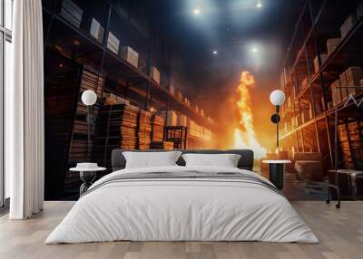 A warehouse filled with lots of boxes and a fire. Generative AI. Wall mural