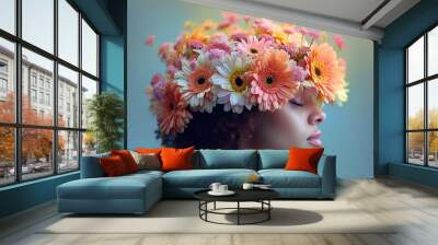 A woman with a flower crown on her head. Wall mural