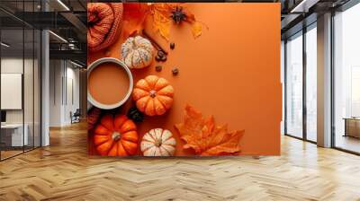 Celebrate the fall season with a cozy arrangement featuring a latte art coffee, mini pumpkins, autumn leaves, and a happy fallidays greeting on an orange background. Wall mural