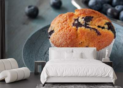 Close-up on muffin with blueberries on gray rustic background Wall mural