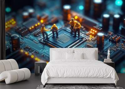 Creative Miniature Workers Repairing Giant Microchip on Circuit Board - Technology and Industry Concept. Wall mural