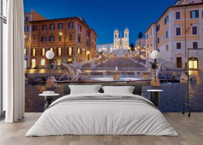 Monumental staircase Spanish Steps and and Trinita dei Monti church at night Wall mural