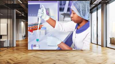 PCR test for coronavirus. African young female tech, scientist or medic in white coat and hat performs test to detect coronavirus SARS-CoV-2 in patient samples. Automatic pipette in gloved hands. Wall mural