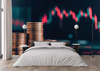 Piles of stacked coins are set against a blurred financial graph, illustrating market fluctuations. this economic concept represents investment growth and volatility. Wall mural