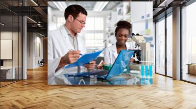 Scientists, Caucasian male and African female, work in laboratory Wall mural