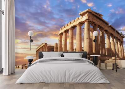 The ruins of an ancient greek temple. Parthenon on the Acropolis in Athens, Greece on a sunset Wall mural