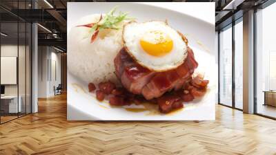 Tocino - a sweet cured pork, served with garlic rice and egg. Asian Filipino dish, food from Philippines Generative AI Wall mural