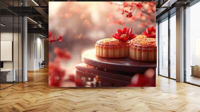 Traditional chinese mooncakes on a wooden tray, adorned with vibrant red blossoms. celebrating the mid-autumn festival with festive decorations and warm, ambient lighting. Wall mural