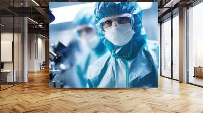 Two doctors in protective gear working on a machine. Generative AI. Workers in protective wear in industrial manufacturing cleanroom environment. Wall mural