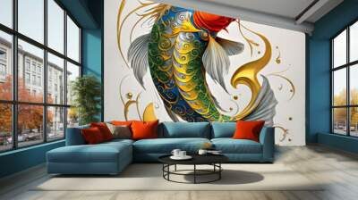 Vibrant illustration of a koi fish adorned with intricate patterns and elaborate colors. the dynamic motion and fluid lines make it ideal for artistic projects, prints, and designs. Wall mural