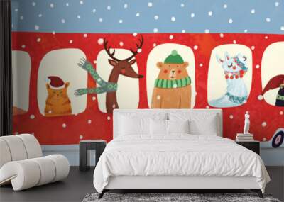 Holiday Bus. Whimsical colorful christmas new year illustration of a red bus with festive animals cartoon characters celebrating winter holidays.  Wall mural