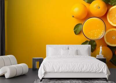 orange juice with fresh fruit on yellow background Wall mural