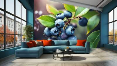 Beautiful blueberry berries with leafs on natural forest smooth background Wall mural