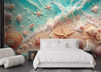 Abstract creative marine background in pastel colors with starfish, seashells, corals and sea wave. Generative Ai. Wall mural