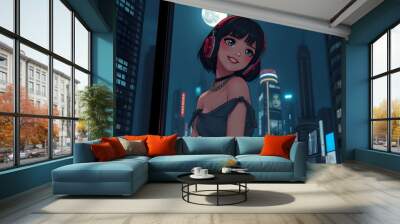 Anime Girl Wearing Headphones with a Dark Night City Landscape in the Background Wall mural