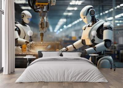 Humanoid robots working in factory environment Wall mural