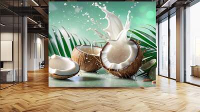 Creative background of cracked coconut with milk splash and palm leaves. Healthy food concept. Generative Ai. Wall mural