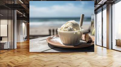 Delicious ice cream on a sunny summer day on a table at the beach (AI generatd) Wall mural