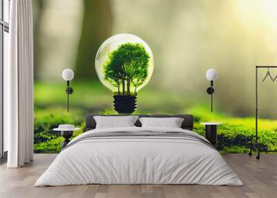 illustration of tree inside a light bulb on the forest floor, depth of field Wall mural