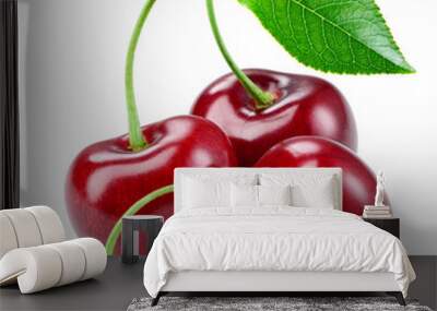 Cherry with leaf isolated on white. Wall mural