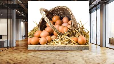 Chicken eggs in basket isolated. Organic food Wall mural