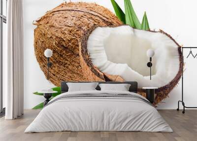 Coconut with half and leaves on white background Wall mural