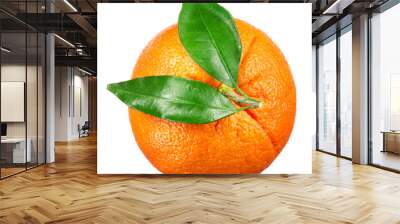 Orange fruit with leaves isolated on white. Top view. Wall mural