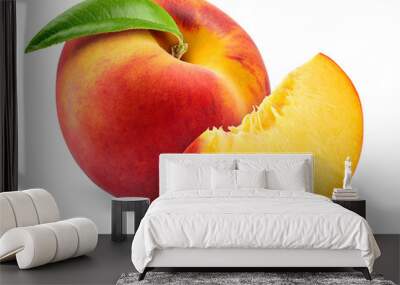 Peach isolate. Peach slice. Peach with leaf on white background. Full depth of field. With clipping path. Wall mural