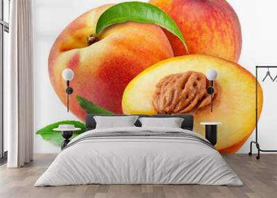 Peach. Fruits with leaves isolated on white background Wall mural