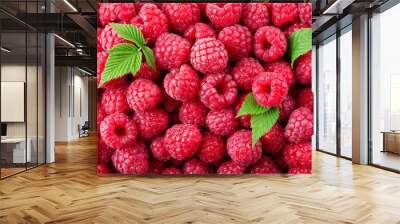 Raspberry. Fresh organic berries with leaves macro. Fruit background. Wall mural