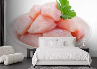 Raw chicken fillet. Small pieces of meat isolated on white. Wall mural