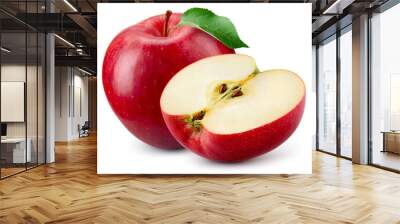 Red apple with a half isolated. Apples with green leaf on white background. Red appl with clipping path. Full depth of field. Wall mural