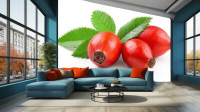 Rosehip isolated on a white background. Fresh raw briar berries with leaves. Wall mural