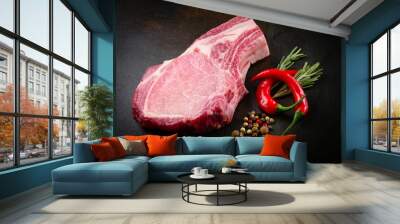 Slice of raw meat with spice on dark background. Organic food. Wall mural