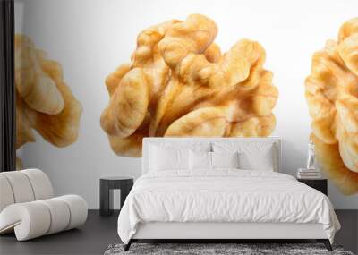 Walnut half isolate. Peeled walnut on white. Walnut nut top view. Set with clipping path. Full depth of field. Wall mural