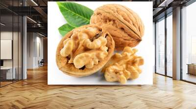 Walnuts with leaves isolated on white. With clipping path. Wall mural