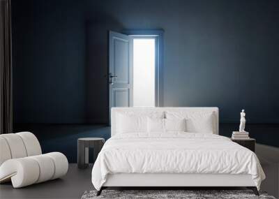 Bright light shining through open door into dark room Wall mural