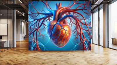 Human heart showing arteries and veins on blue background Wall mural