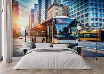 Modern public transportation bus driving through city street at sunset Wall mural